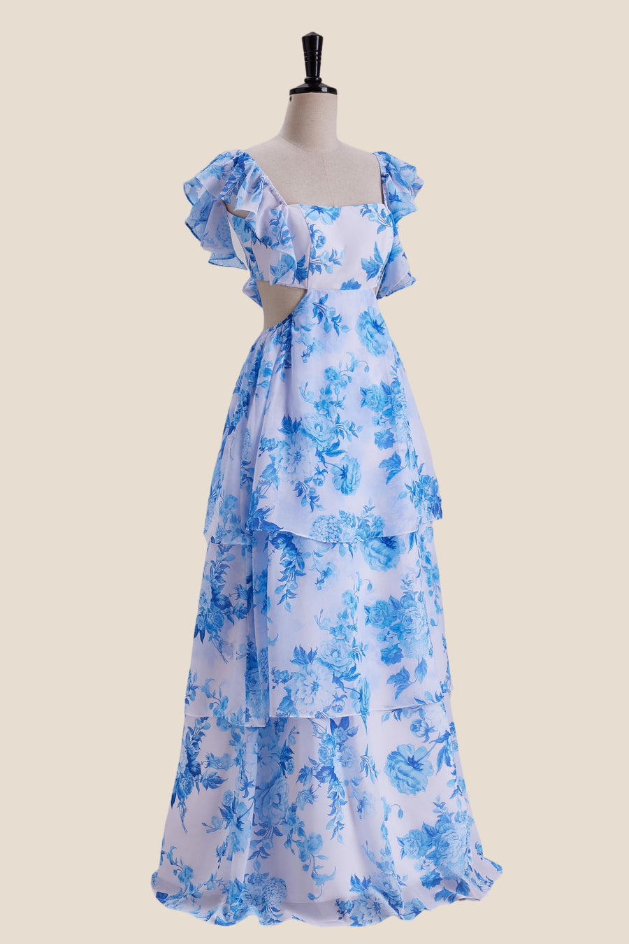 Ruffle Sleeves Blue Floral Print Tiered Long Dress