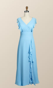 Blue Chiffon Ruffles Long Bridesmaid Dress