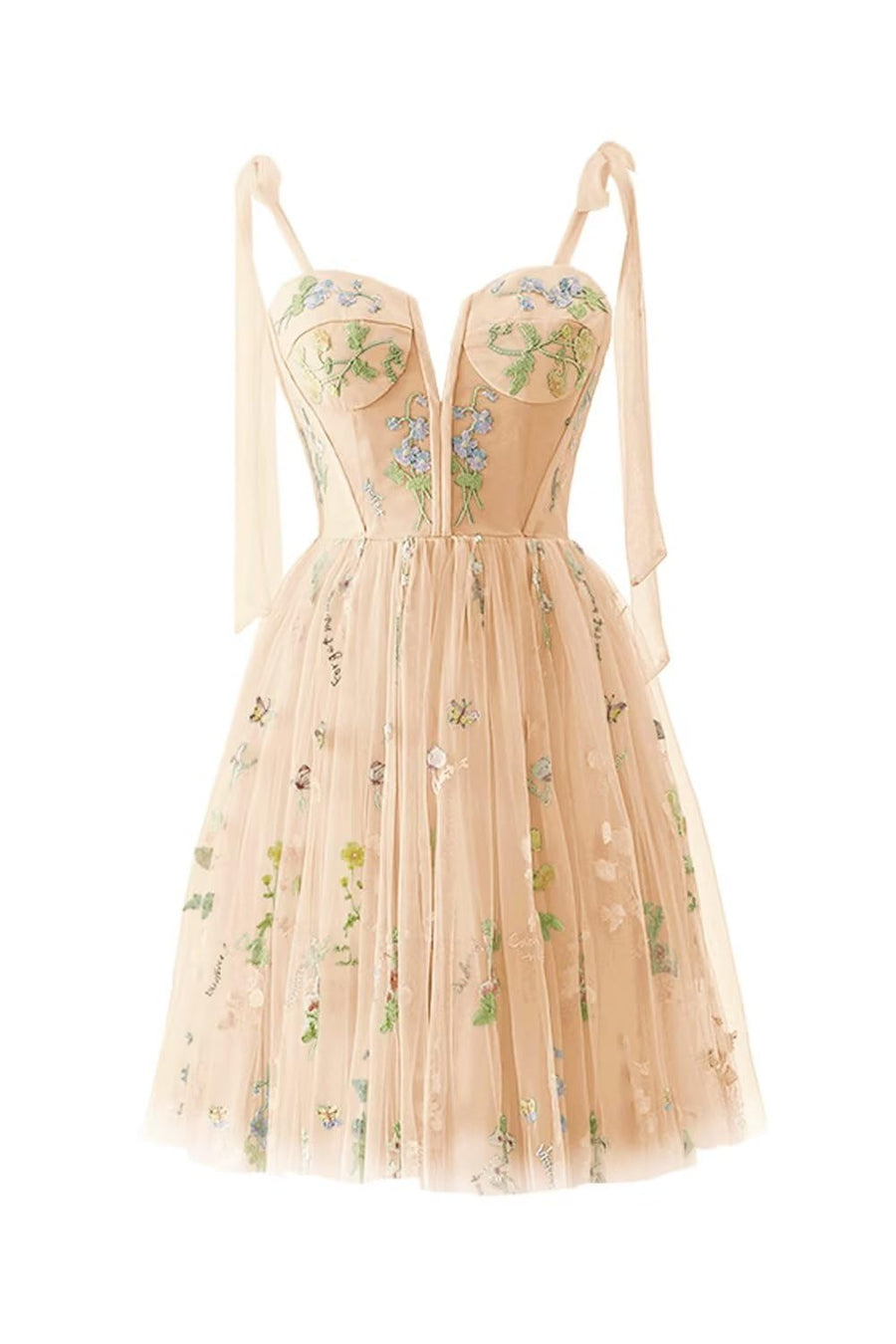 Green Floral Tulle A-line Short Dress with Tie Shoulders Ohmollydress Green Floral Tulle A-line Short Dress with Tie Shoulders Ohmollydress