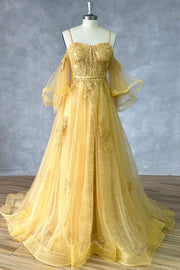 Straps Yellow Lace Appliques A-line Formal Dress