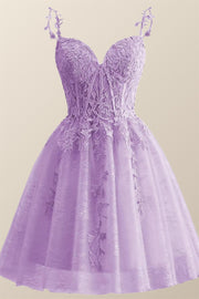 Straps Periwinkle Lace Appliques A-line Short Dress