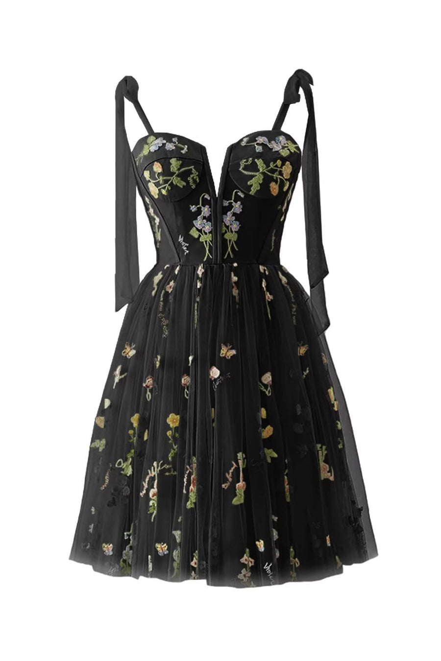Green Floral Tulle A-line Short Dress with Tie Shoulders Ohmollydress Green Floral Tulle A-line Short Dress with Tie Shoulders Ohmollydress