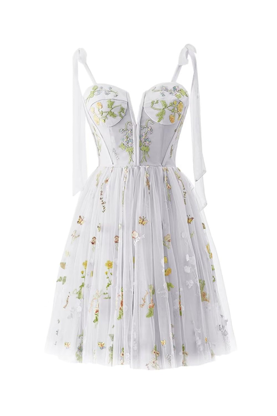Green Floral Tulle A-line Short Dress with Tie Shoulders Ohmollydress Green Floral Tulle A-line Short Dress with Tie Shoulders Ohmollydress