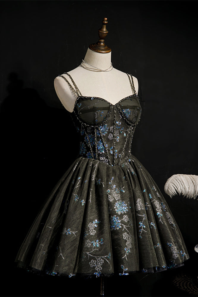 Black Corset Blue Flower Sequin Party Dress