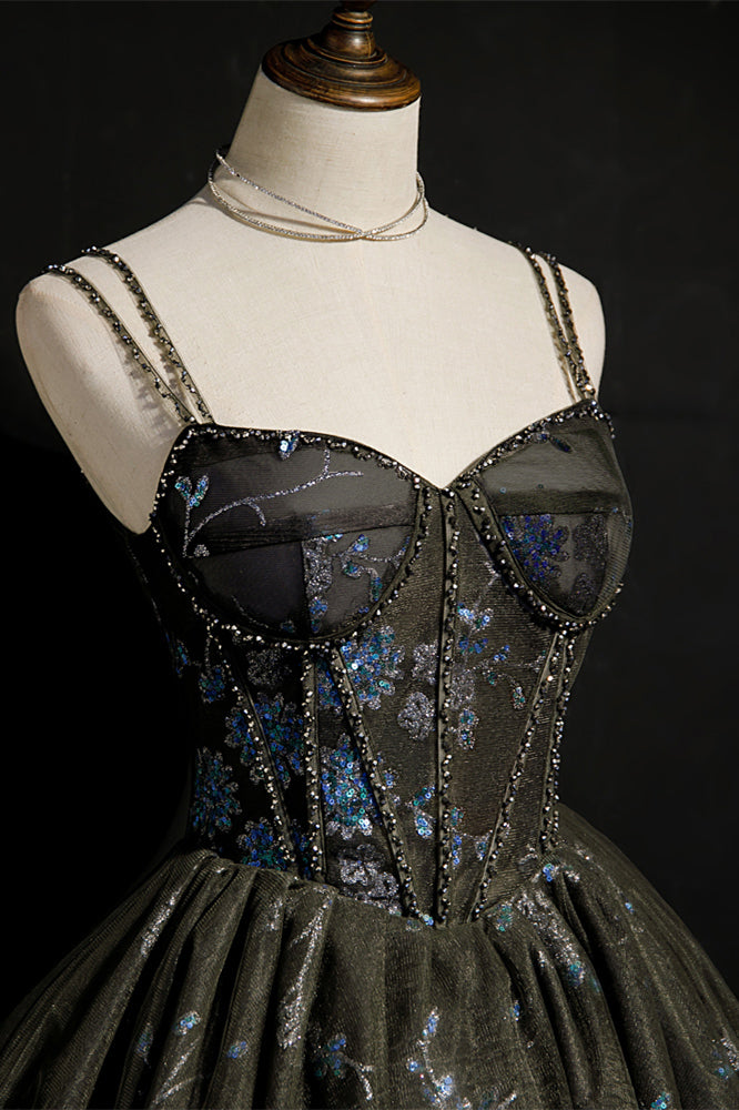 Black Corset Blue Flower Sequin Party Dress