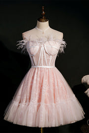 Feather Pink Lace Short A-line Homecoming Dress