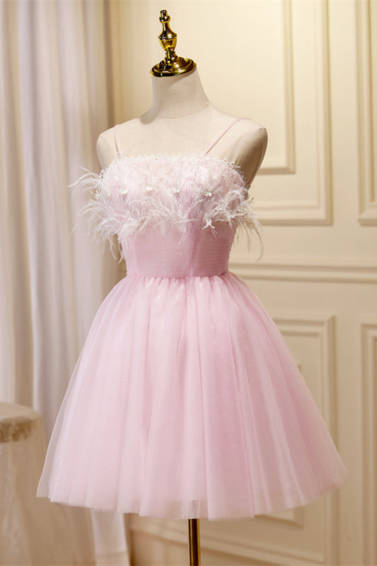 Straps Feather Pink Tulle Short Homecoming Dress