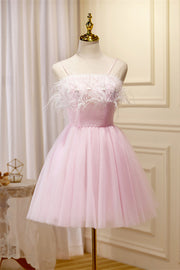 Straps Feather Pink Tulle Short Homecoming Dress