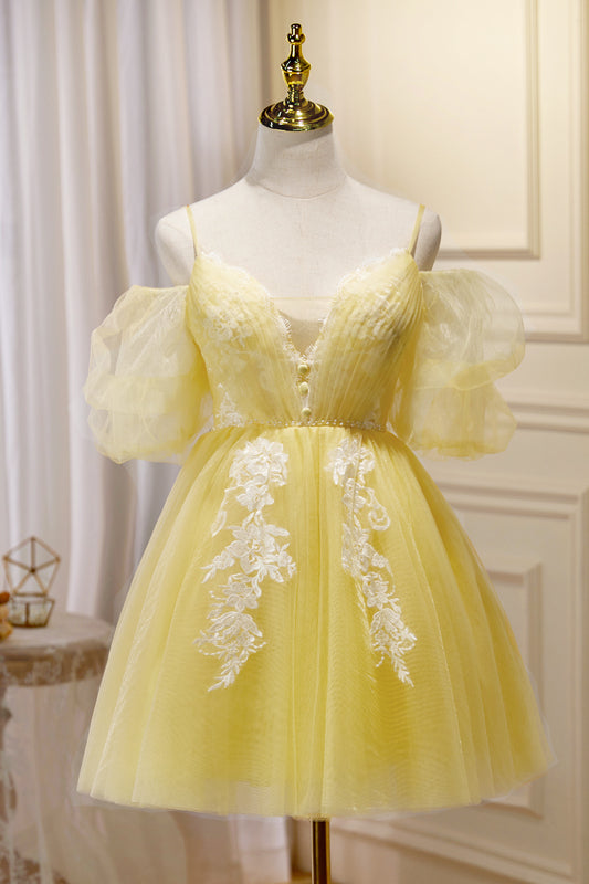 Short Puffy Sleeves Yellow A-line Short Princess Dress