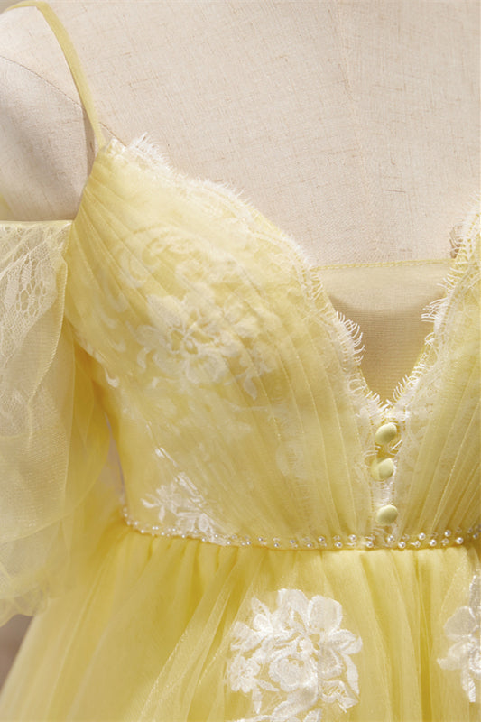 Short Puffy Sleeves Yellow A-line Short Princess Dress