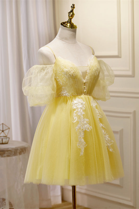 Short Puffy Sleeves Yellow A-line Short Princess Dress