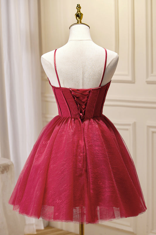 Straps Red A-line Tulle Short Party Dress