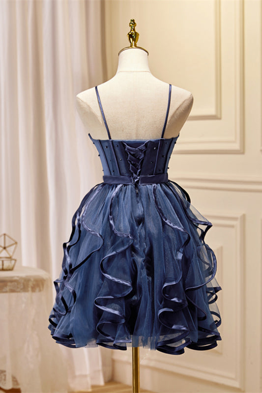 Navy Blue Beaded Ruffled Short A-line Party Dresss