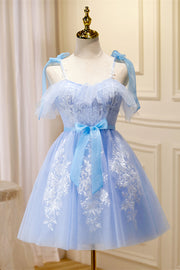 Sky Blue Tulle and White Lace Short A-line Princess Dress