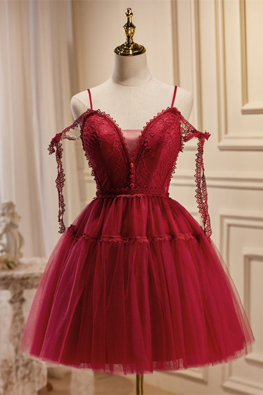 Straps Red Lace and Tulle Short Party Dress