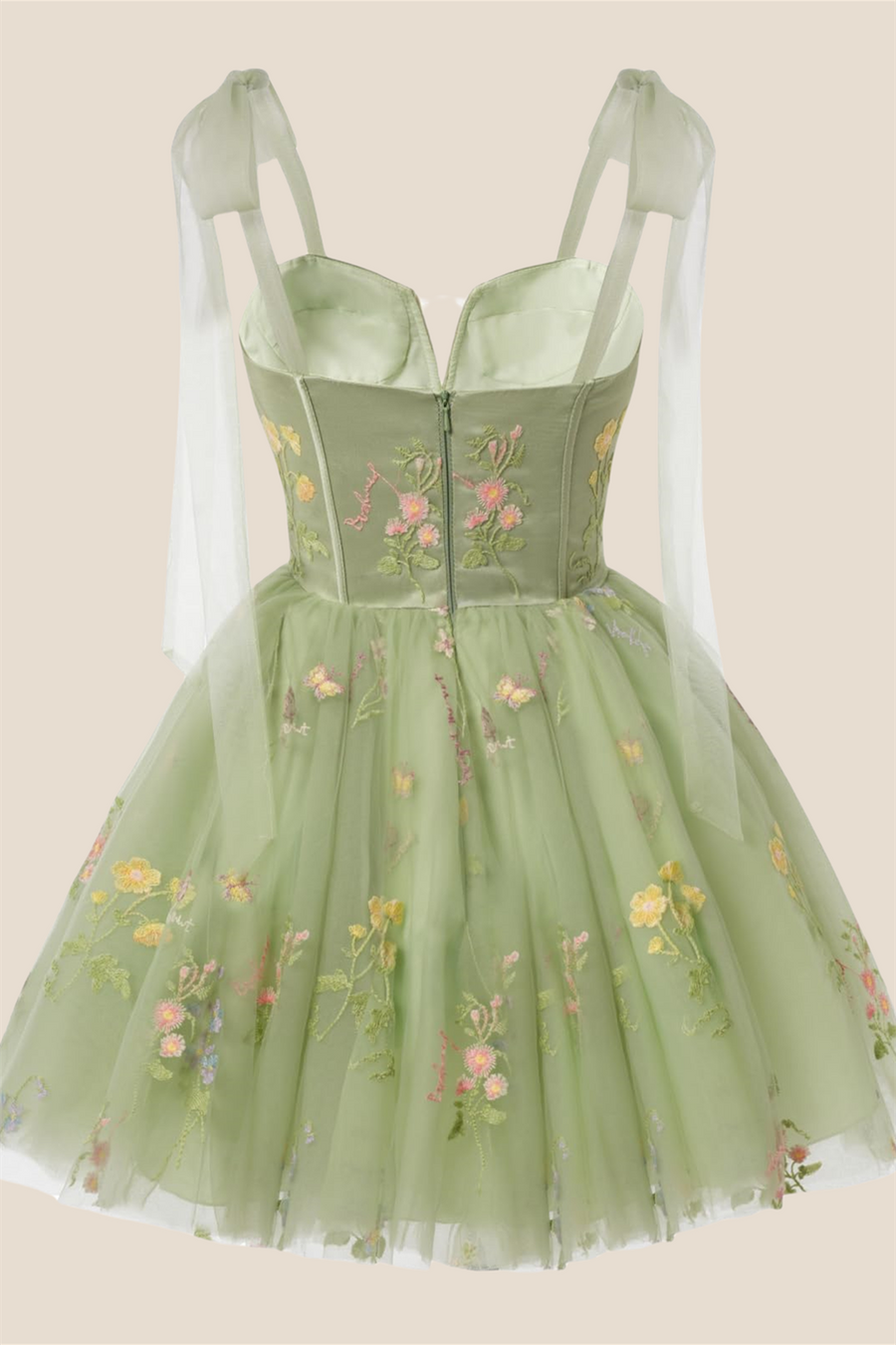 Sage Green Floral Embroidery A-line Short Dress