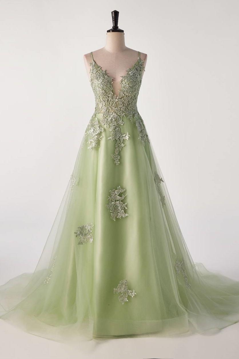 Sage Green Lace Appliques A-line Long Formal Dress