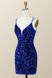 Royal Blue Sequin Tight Mini Dress with Double Straps