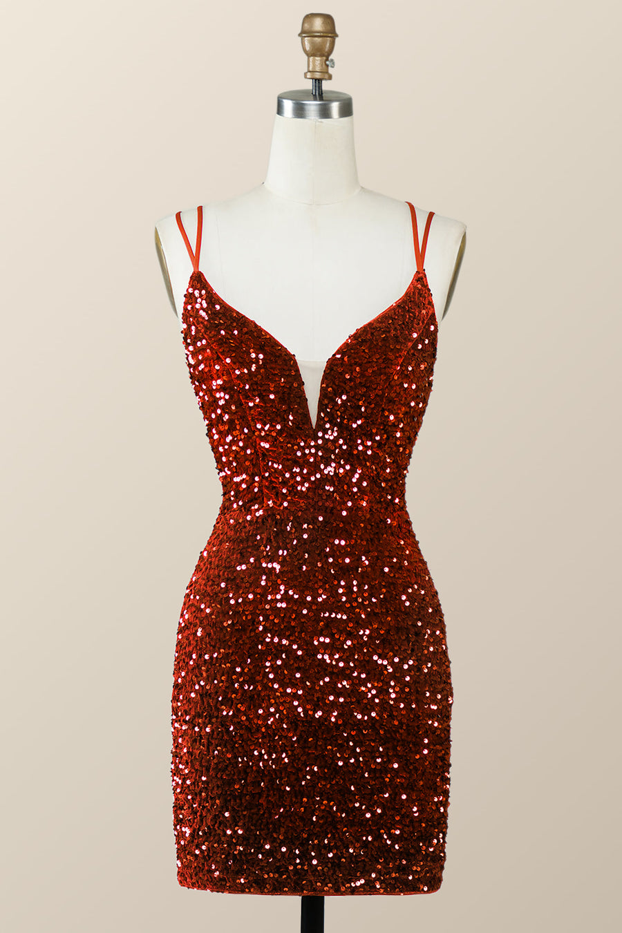 Burgundy Sequin Tight Mini Dress with Double Straps