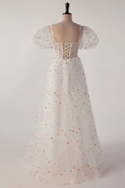 US 2 Short Sleeves White Floral Long Formal Gown