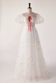 Short Sleeves White Floral Long Formal Gown