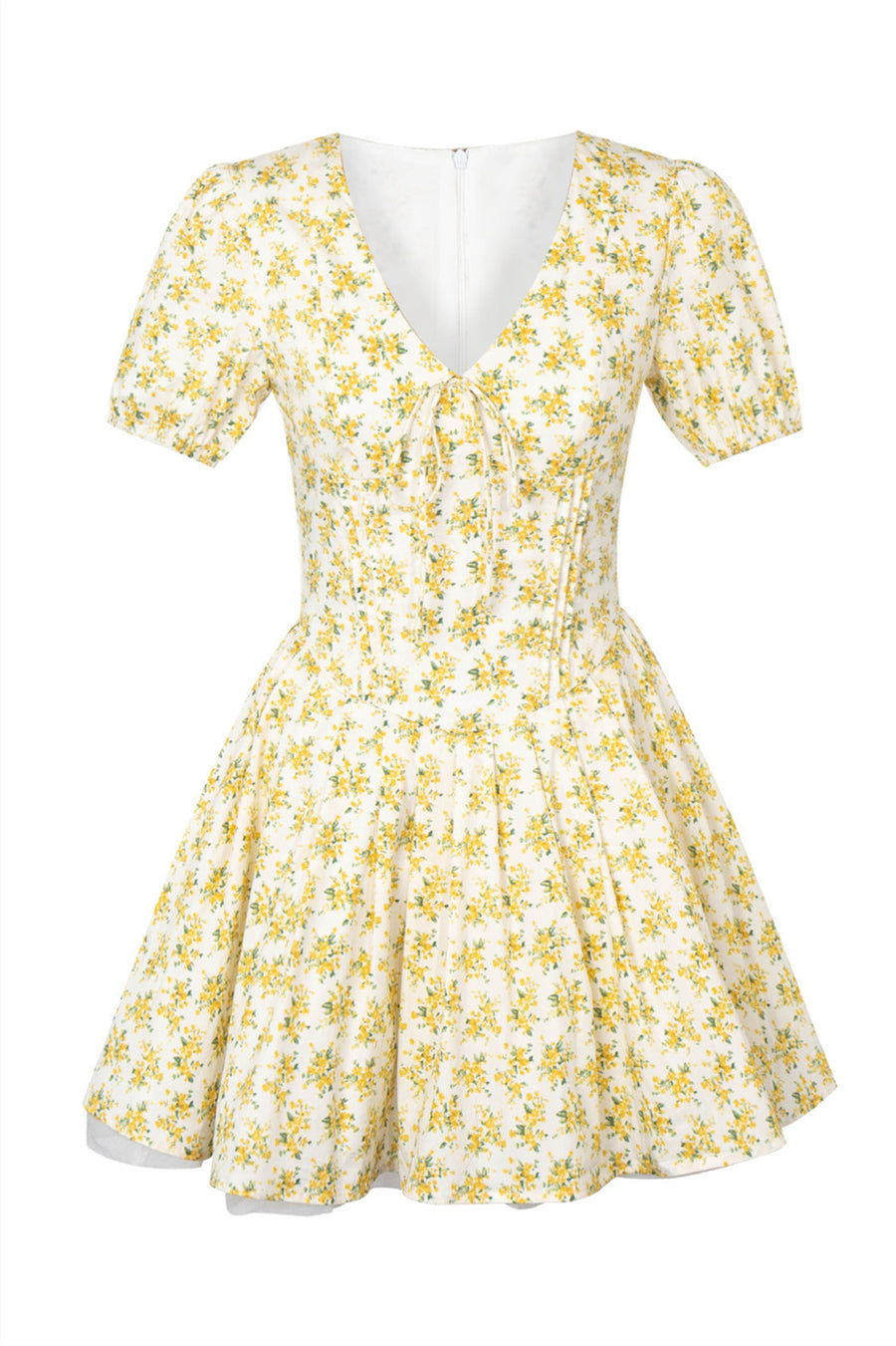 yellow floral short sleeve dress Summer Yellow Floral Print Short Dresses Women Vintage Puff Sleeve V Neck Sexy Elegant A Line Pleated Dress Party Beach Vestidos
