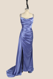 Smoky Blue Ruched Mermaid Long Dress with Slit