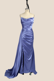 Smoky Blue Ruched Mermaid Long Dress with Slit