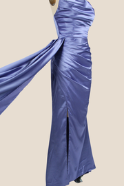 Smoky Blue Ruched Mermaid Long Dress with Slit