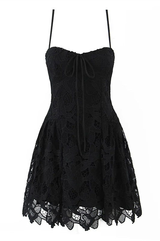 Spaghetti Straps Apricot Lace A-line Short Dress