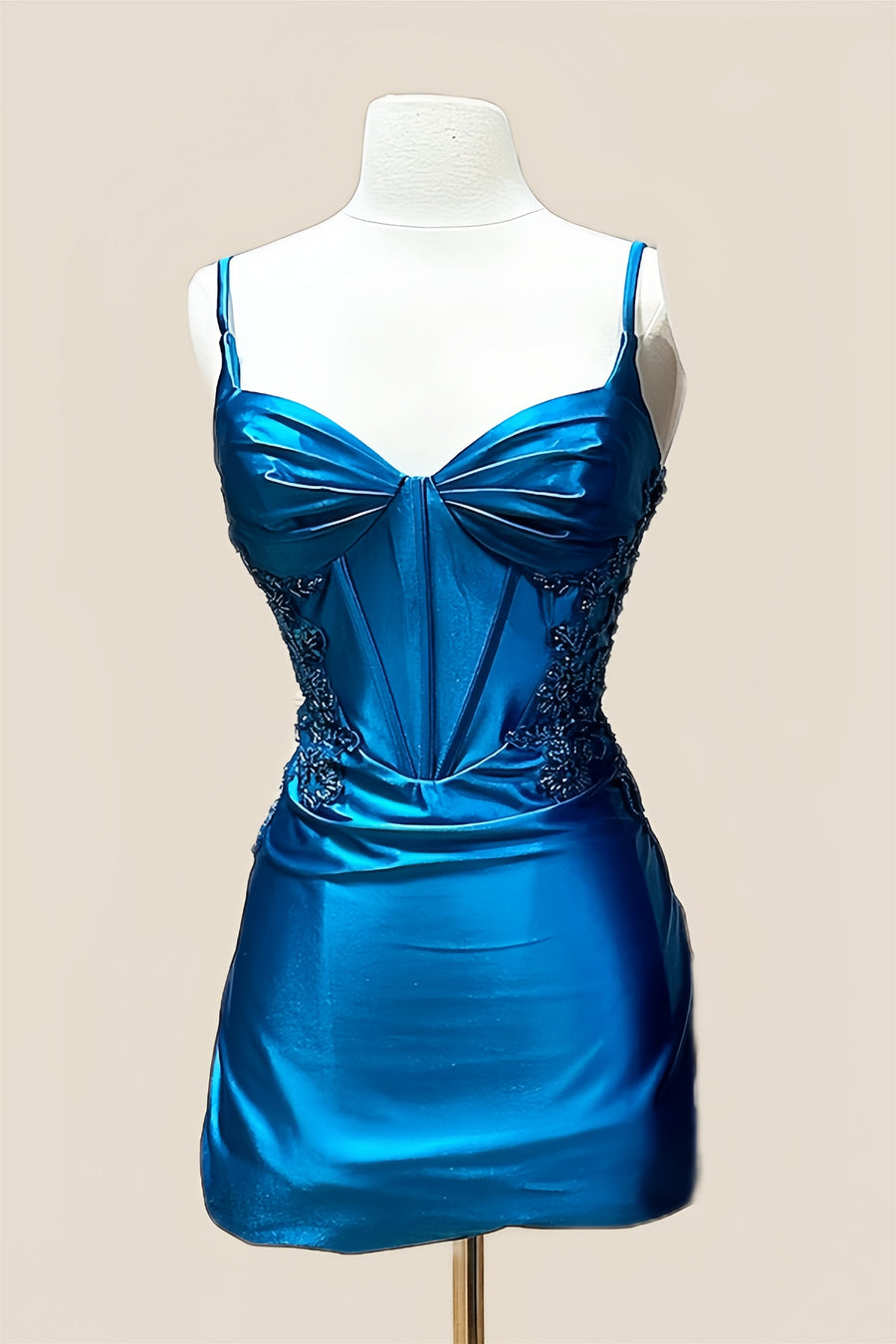 Spaghetti Straps Blue Beaded Bodycon Short Dress