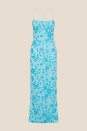 Spaghetti Straps Blue Beaded Long Dress with Slit