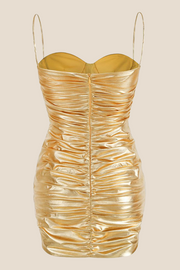 Spaghetti Straps Golden Ruched Tight Short Dress