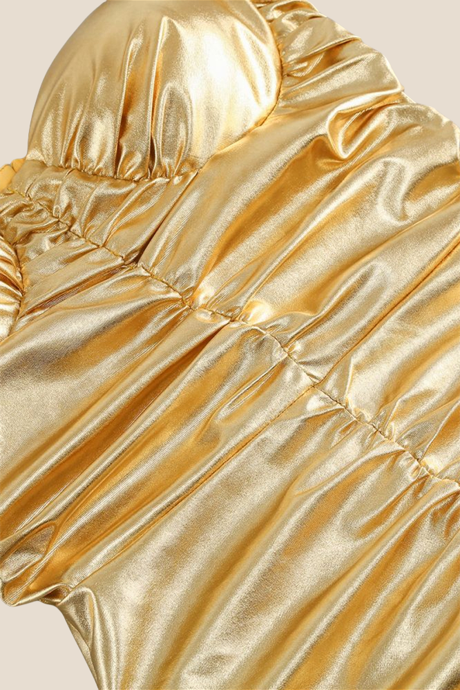 Spaghetti Straps Golden Ruched Tight Short Dress