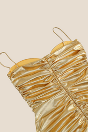 Spaghetti Straps Golden Ruched Tight Short Dress