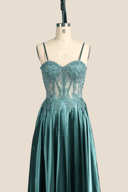 Spaghetti Straps Green Embroidery Long Dress