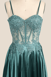 Spaghetti Straps Green Embroidery Long Dress