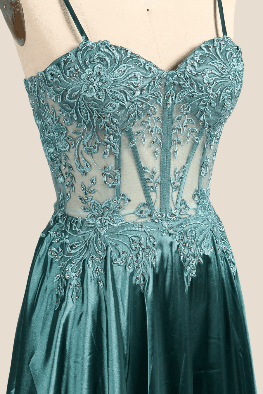 Spaghetti Straps Green Embroidery Long Dress