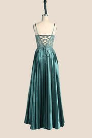 Spaghetti Straps Green Embroidery Long Dress