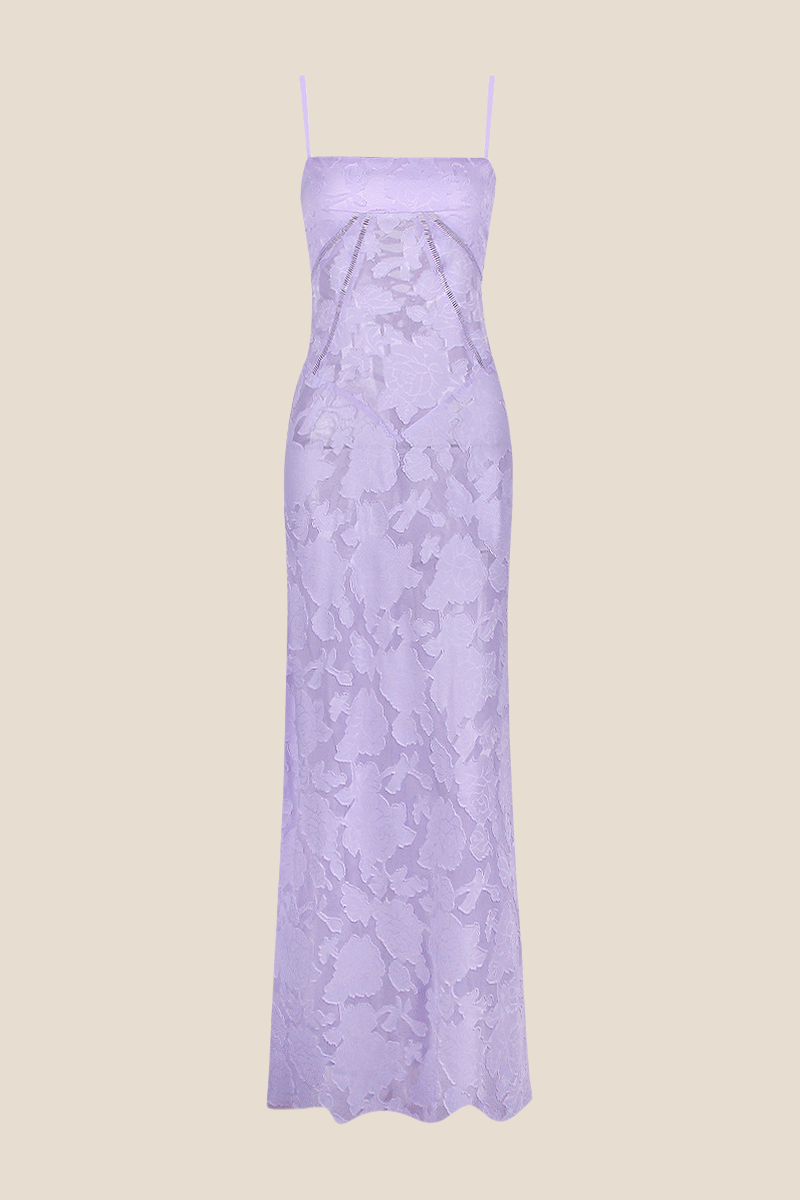 Spaghetti Straps Lavender Lace A-line Long Dress