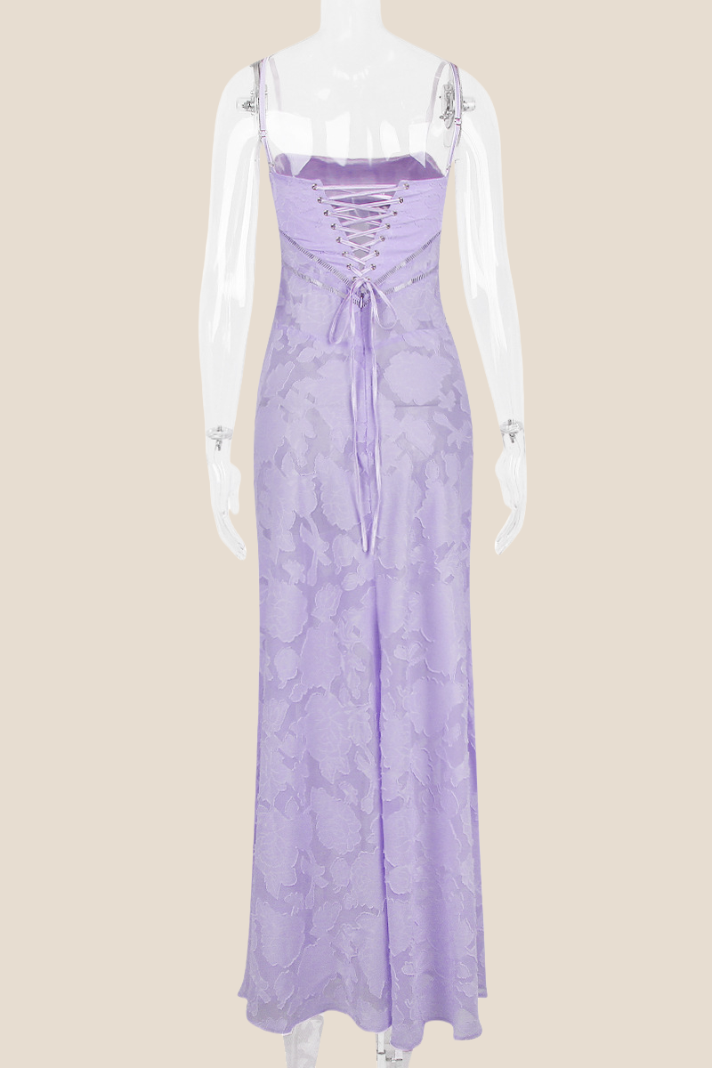 Spaghetti Straps Lavender Lace A-line Long Dress