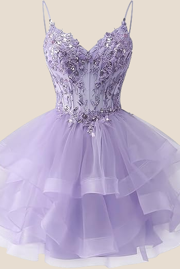 Spaghetti Straps Lilac Appliques Tiered Short Dress