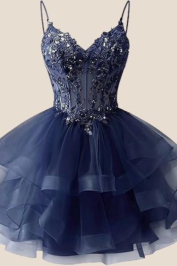 Spaghetti Straps Lilac Appliques Tiered Short Dress
