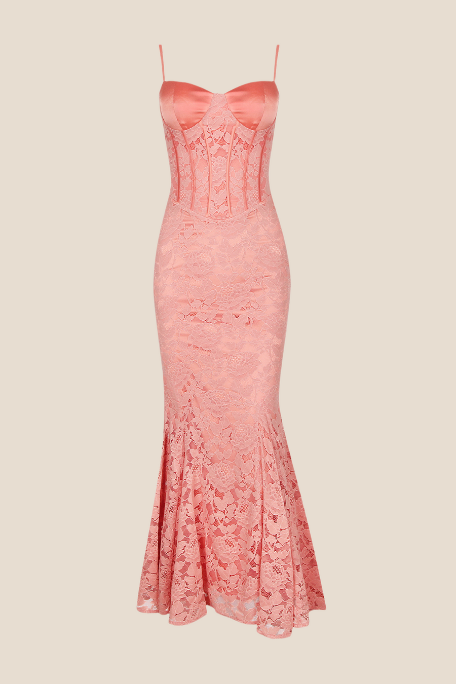 Spaghetti Straps Orange Lace Mermaid Long Dress