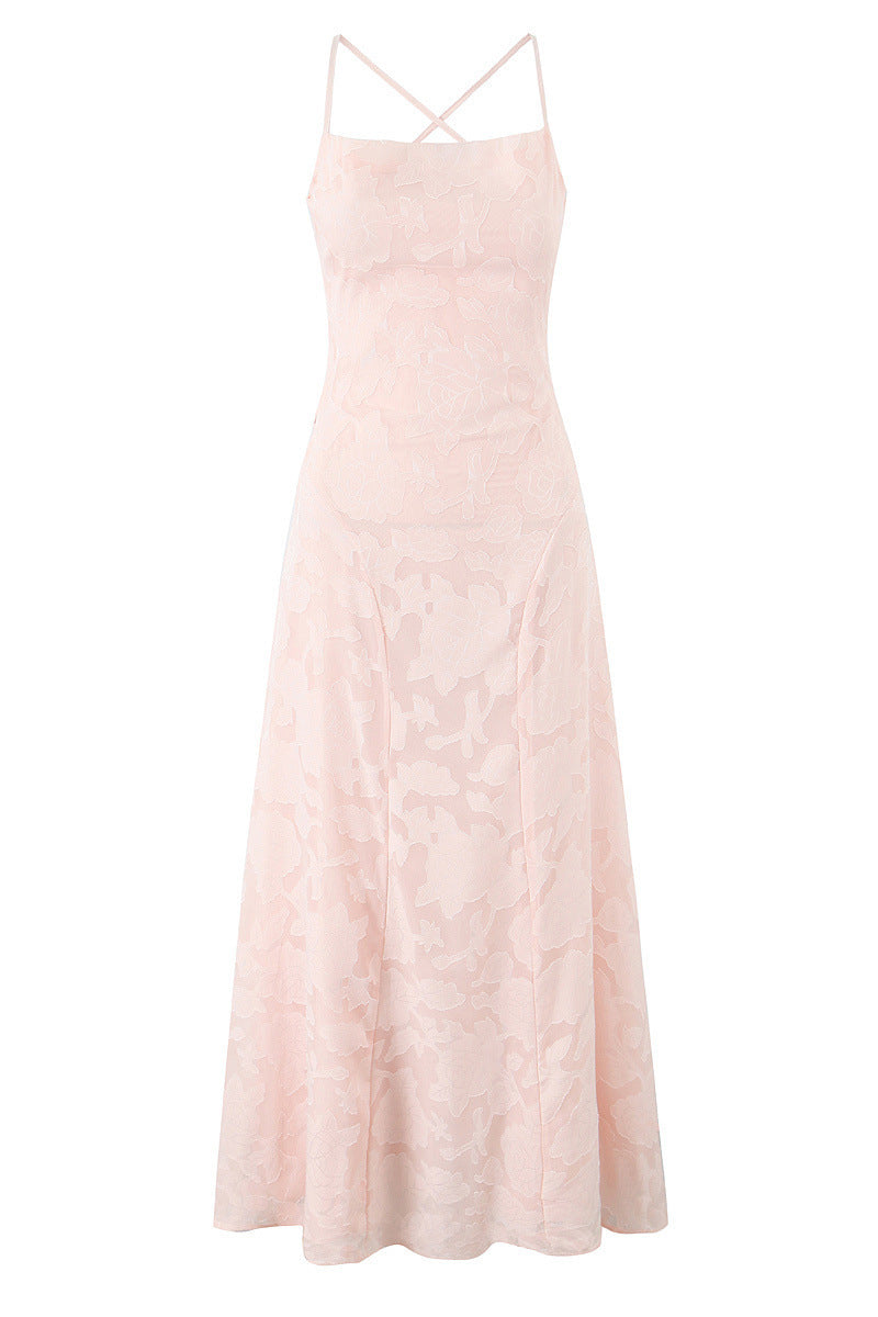 Straps Pink Lace A-line Long Dress