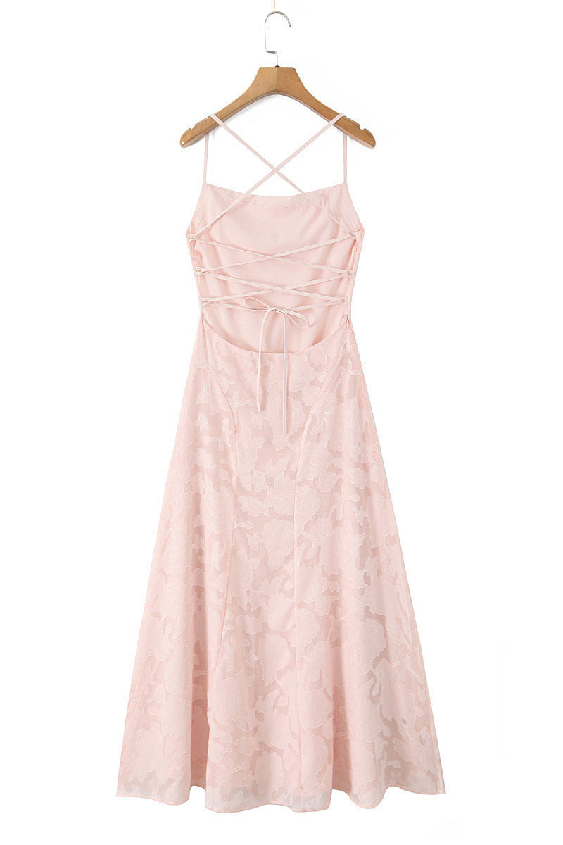 Straps Pink Lace A-line Long Dress