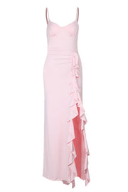 Spaghetti Straps Pink Frill Slit Dress