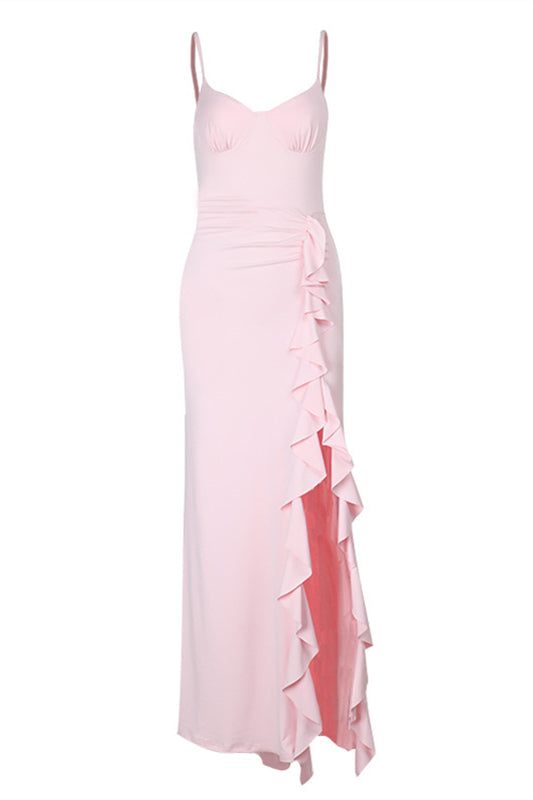 Spaghetti Straps Pink Frill Slit Dress