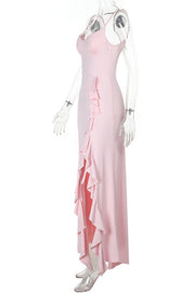 Spaghetti Straps Pink Frill Slit Dress