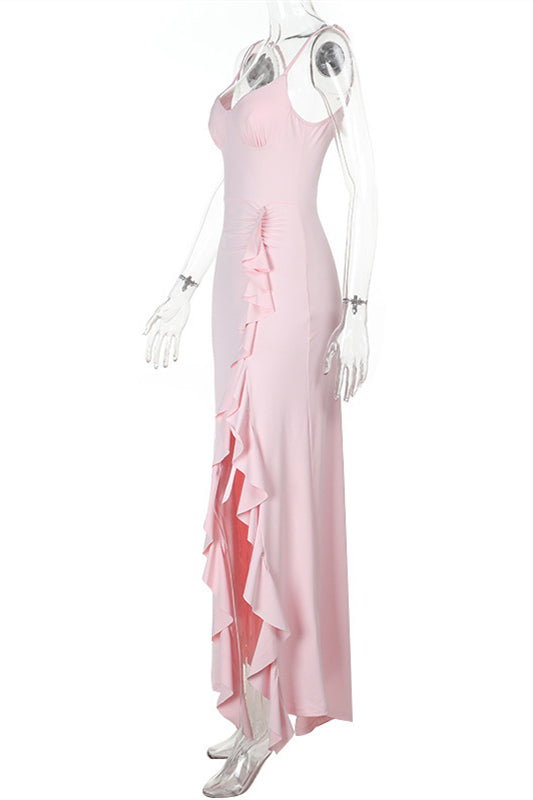 Spaghetti Straps Pink Frill Slit Dress